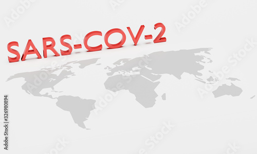 Red text  SARS-COV-2  placed above world map. Concept art of pandemic situation of coronavirus  2019-nvoc  COVID-19  SARS-COV-2 . Usable as epidemic concept template or infographic. 3D render.