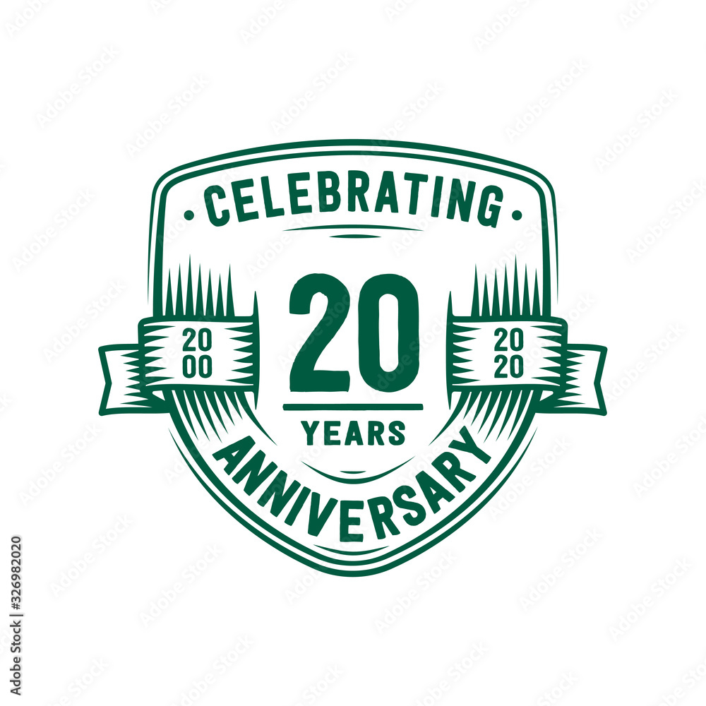 20 years anniversary celebration shield design template. 20th anniversary logo. Vector and illustration. 20 years anniversary celebration shield design template. 20th anniversary logo. Vector and illustration.