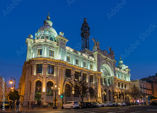 Valencia – Central Post Office Building at night; Spain