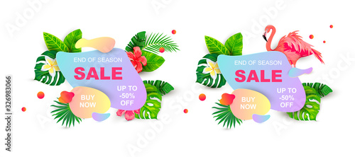 Summer sale banner with tropical leaves, flower plumeria, flamingo, liquid geometric shape. Place for text. Template for poster, web, invitation, flyer. Vector illustration set.