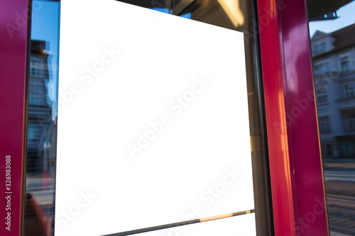 Mockup of the white blank square hanging logo sign on the building wall or facade