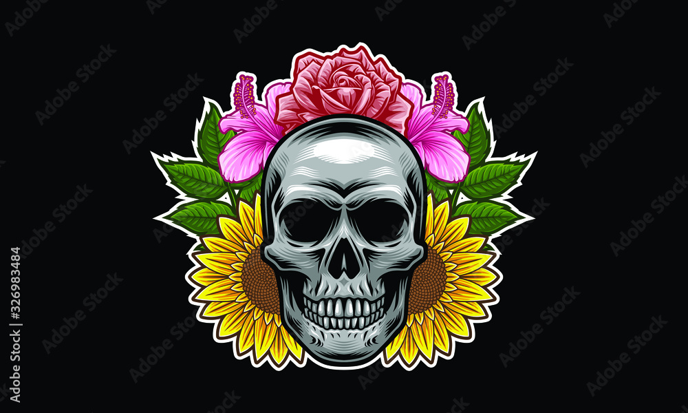 Skull with flowers and leaves vector illustration isolated on black background Skull with flowers and leaves vector illustration isolated on black background