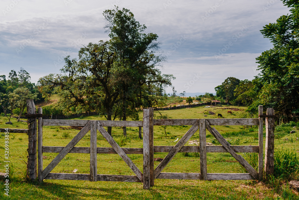 green field with closed wooden gate
