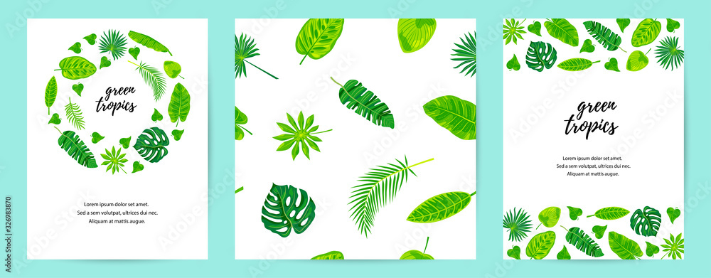 Seamless pattern and invitations set with exotic jungle leaves. Vector illustration tropical template. Place for text. Great for flyer, invitation, ecological concept, poster, announcement.