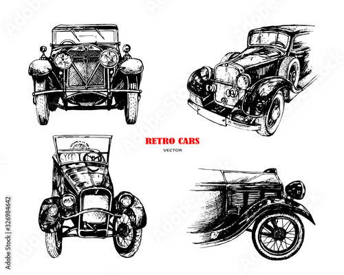 Vector sketch of four retro cars. Vintage style.