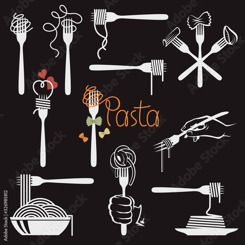 collection of fork and dish with various pasta isolated on black background
