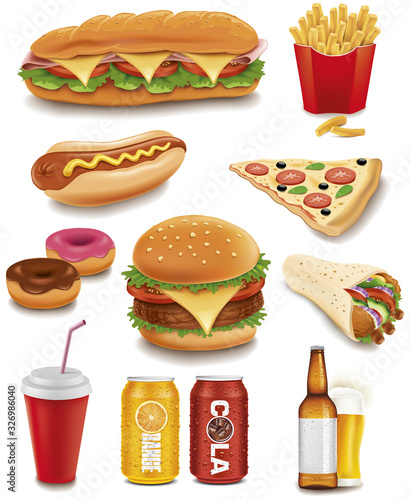 fast food items-hamburger, fries, hotdog, drinks, sandwich, baguette,pizza, tortilla wrap, donut	