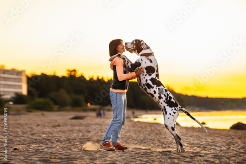 Joyful woman spending time running with dogs on sandy beach