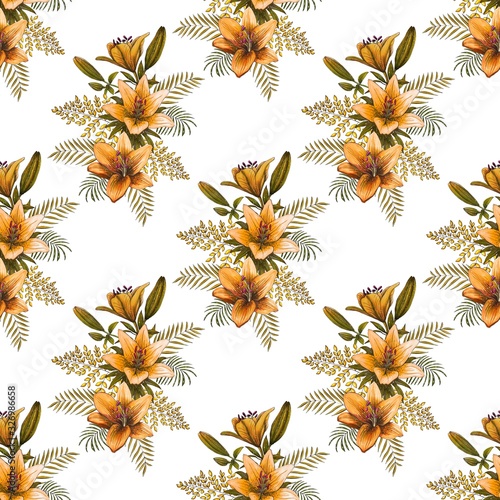 Seamless background with orange lilies on the white. Floral repeat print. Watercolor summer bouquet pattern. Marker illustration.