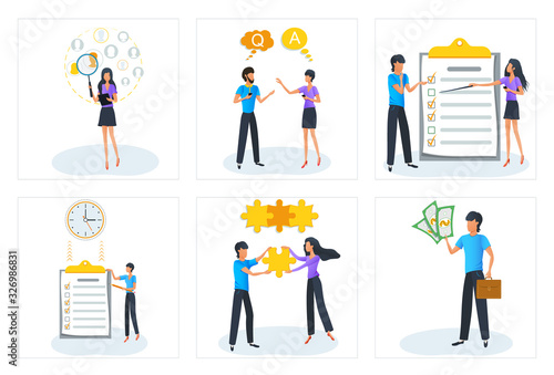 Vector concept of human resources management, recruitment. Project planning, time management with to do task list. Successful  business investment. Team at work. Teamwork, cooperation, partnership