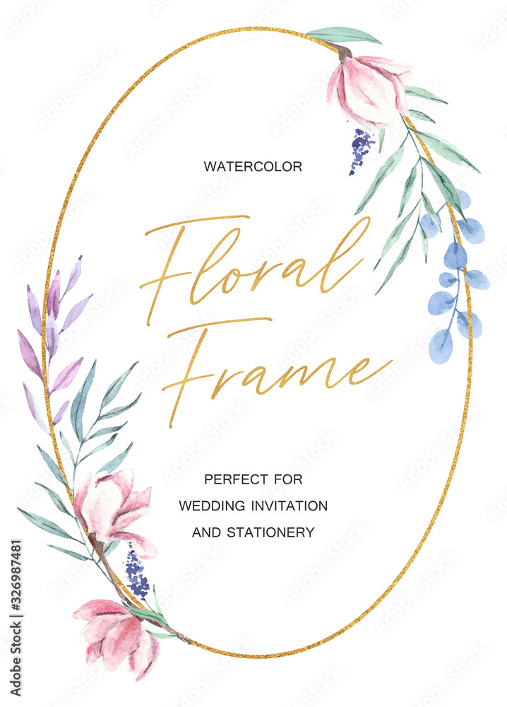 Hand drawn watercolor magnolia frame with green leaves. Golden frame, wedding invitation template