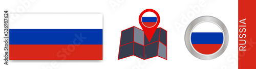 Collection of Russian national flags isolated in official colors and Russian map icons with country flags.