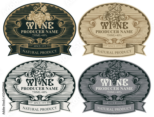 Vector set of wine labels with a bunch of grapes and a ribbon in an oval frame in vintage style. A collection of ornate hand-drawn labels in four different colors