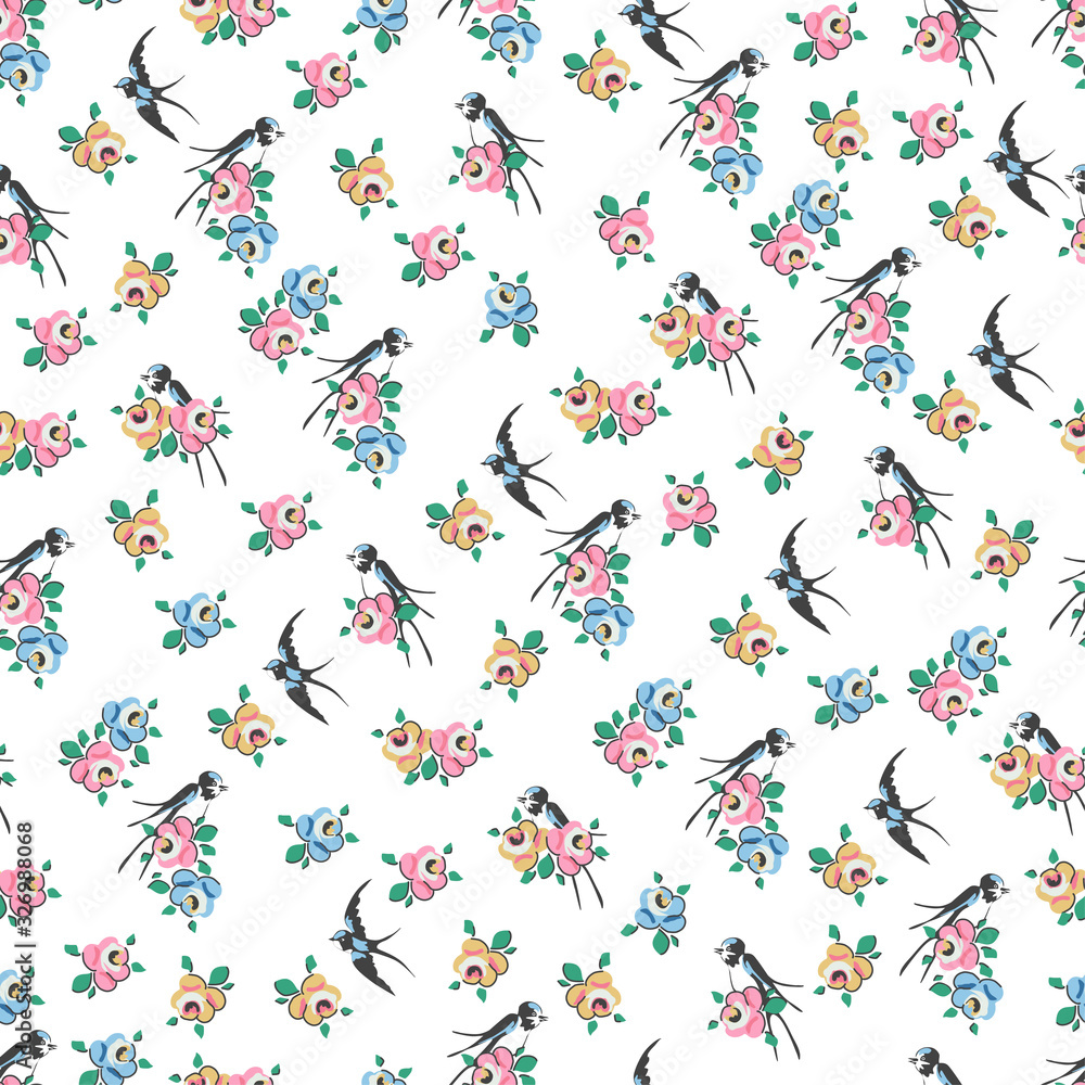 Roses and swallows on a white background. Flower pattern. Seamless floral pattern with birds. Elegant and romantic background. Vector