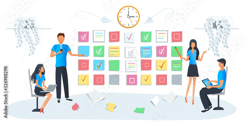 Vector illustration of business workshop, people making a presentation at office. Team brainstorming idea. Business man standing at whiteboard with sticky notes. Increase skills on workshop training