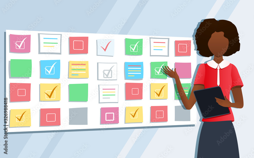 Vector illustration of workshop training. Business consultant pointing at scrum task board plan. Professional female coach standing at whiteboard with sticky notes. Business presentation Vector illustration of workshop training. Business consultant pointing at scrum task board plan. Professional female coach standing at whiteboard with sticky notes. Business presentation