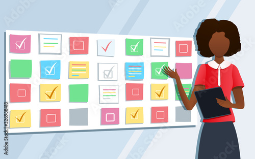 Vector illustration of workshop training. Business consultant pointing at scrum task board plan. Professional female coach standing at whiteboard with sticky notes. Business presentation photo