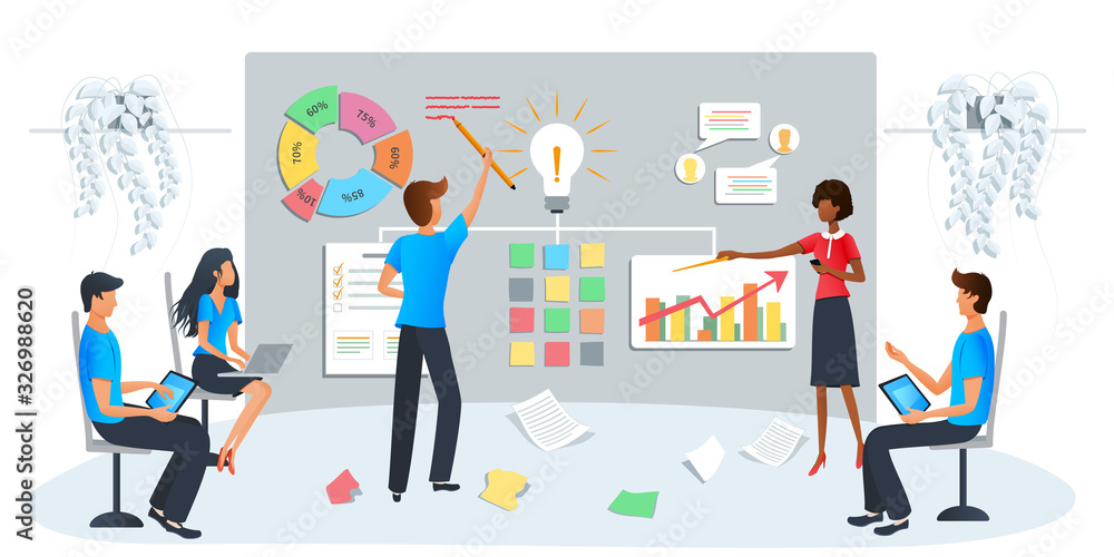 Vector modern illustration of business workshop, training. Team brainstorming the idea at workshop event. Startup new business project. Data analysis, employee studying company analytics Vector modern illustration of business workshop, training. Team brainstorming the idea at workshop event. Startup new business project. Data analysis, employee studying company analytics