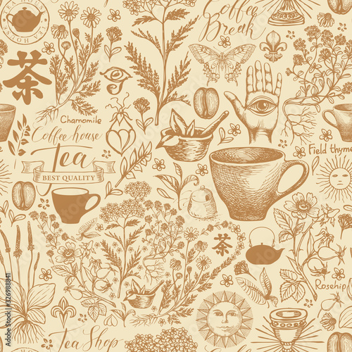 Vector seamless pattern with hand-drawn medicinal herbs. Abstract background on the theme of tea with sketches in retro style. Chinese character tea. Suitable for Wallpaper, wrapping paper, fabric.