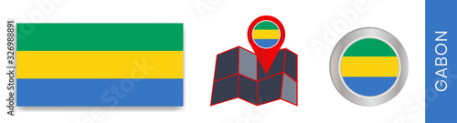 Collection of Gabonese national flags isolated in official colors and a map icon of Gabon with a country flag.