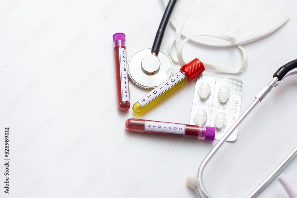Coronavirus COVID-19 outbreak infected blood sample in sample tube laboratory analysis obkect on white background Coronavirus COVID-19 outbreak infected blood sample in sample tube laboratory analysis obkect on white background