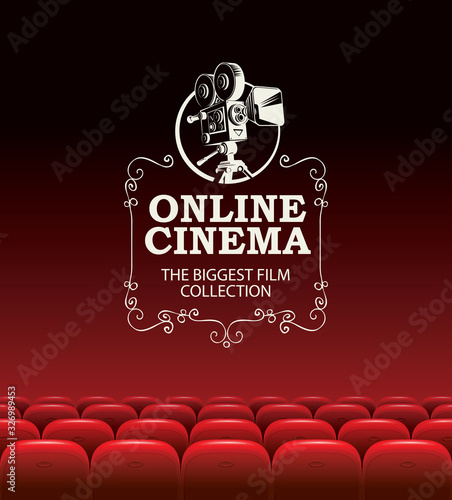 Vector online cinema poster for the biggest film collection. Online cinema concept. Empty movie theater with big screen and red seats. Can be used for advertising banner, flyer, web page, background