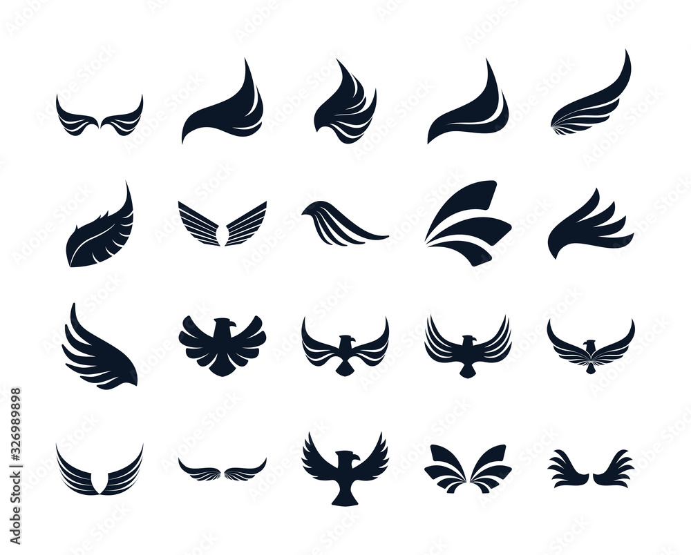 Isolated wings and eagles silhouette style icon set vector design Isolated wings and eagles silhouette style icon set vector design
