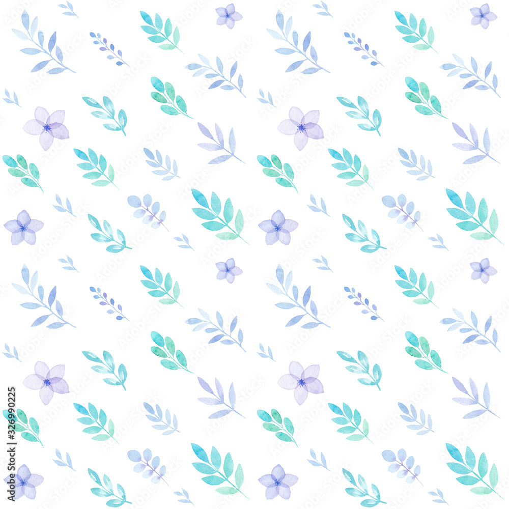Spring seamless pattern of flowers and leaves in watercolor, greetings card, isolated on white, pastel colors Spring seamless pattern of flowers and leaves in watercolor, greetings card, isolated on white, pastel colors
