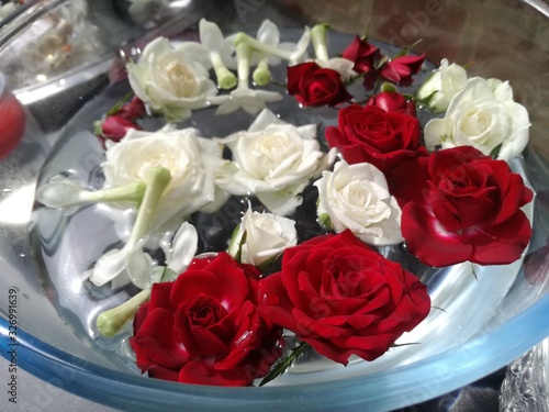 the red and withe roses  floating in a glass cup 