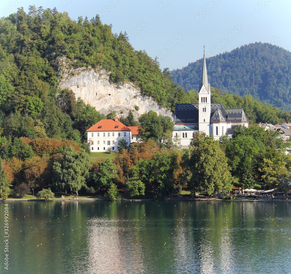 Beautiful view of Bled lake and old building of church