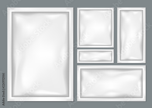 White Pouch Foil Paper Or Plastic Bags Set On Grey