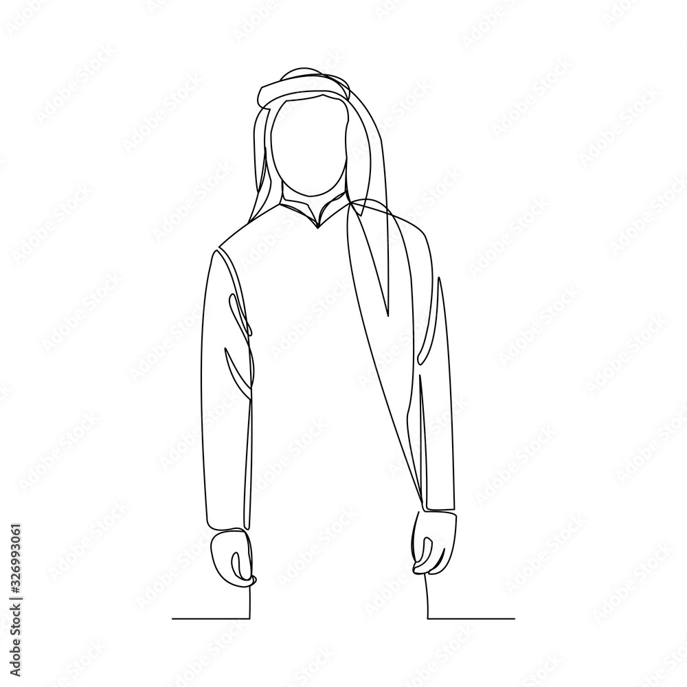 Continuous line drawing of muslim arabic man standing gesture. Single line art ramadan kareem and ied mubarak greeting card. Vector illustration. Continuous line drawing of muslim arabic man standing gesture. Single line art ramadan kareem and ied mubarak greeting card. Vector illustration.