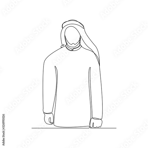 Continuous line drawing of muslim arabic man standing gesture. Single line art ramadan kareem and ied mubarak greeting card. Vector illustration.