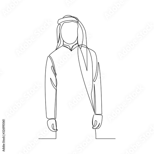 Continuous line drawing of muslim arabic man standing gesture. Single line art ramadan kareem and ied mubarak greeting card. Vector illustration.