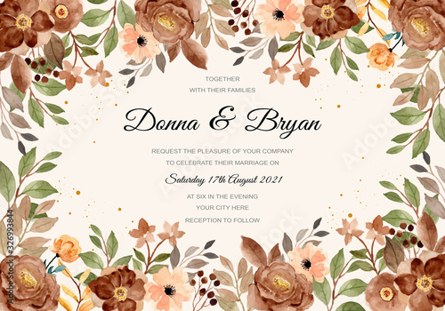 wedding invitation template with brown floral beautiful watercolor