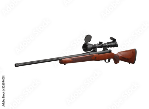 Modern bolt rifle with a wooden butt and optical sight isolate on a white background. Luxury weapons for hunting and sports.