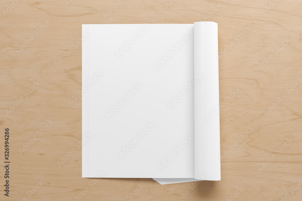 Blank vertical left magazine page. Workspace with folded magazine mock up on wooden desk. View above. 3d illustration Blank vertical left magazine page. Workspace with folded magazine mock up on wooden desk. View above. 3d illustration