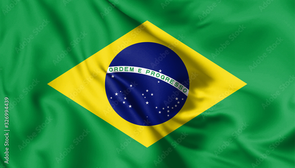 Fototapeta premium Brazil flag blowing in the wind. Background silk texture. 3d illustration.
