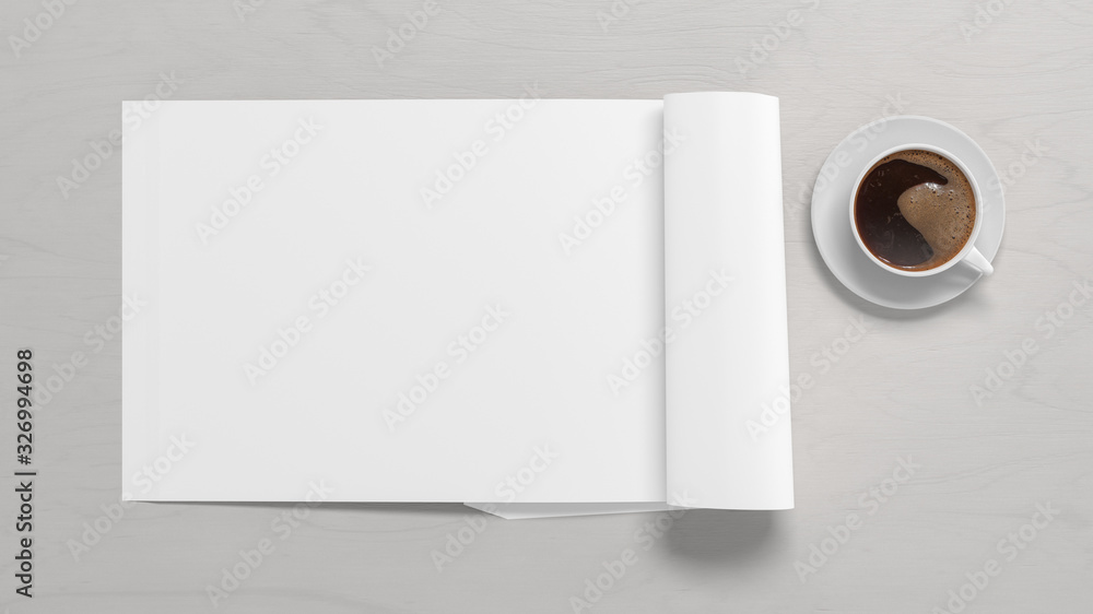 Blank horizontal left magazine page. Workspace with folded magazine mock up on white desk with cup of coffee. View above. 3d illustration Blank horizontal left magazine page. Workspace with folded magazine mock up on white desk with cup of coffee. View above. 3d illustration