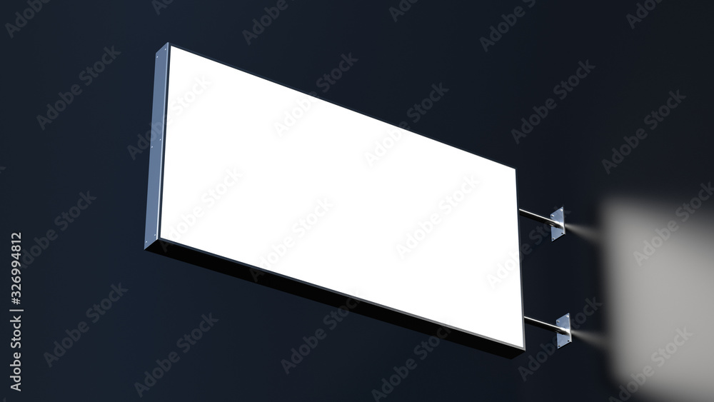 Horizontal singboard or signage isolated on the black wall with blank ...