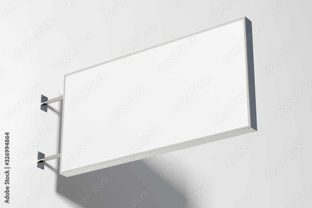 Horizontal singboard or signage isolated on the white wall with blank white sign mock up. Bottom view. 3d illustration Horizontal singboard or signage isolated on the white wall with blank white sign mock up. Bottom view. 3d illustration