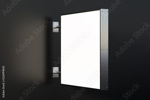 Square singboard or signage isolated on the black wall with blank luminescent sign mock up. Night scene. Side view. 3d illustration