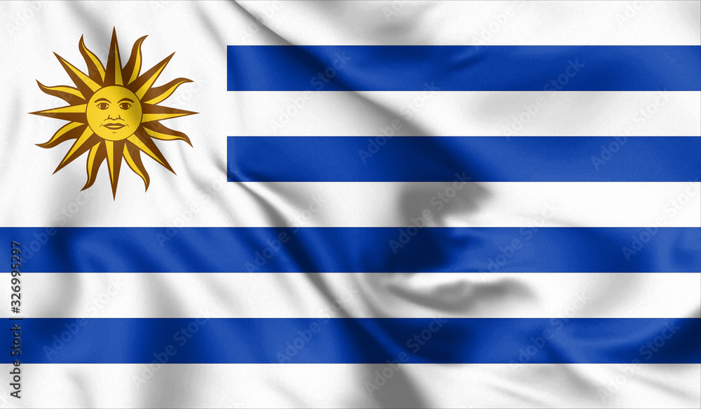 Obraz premium Uruguay flag blowing in the wind. Background silk texture. 3d illustration.