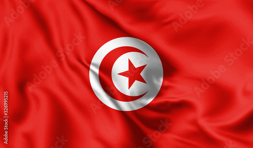 Tunisia flag blowing in the wind. Background silk texture. 3d illustration.