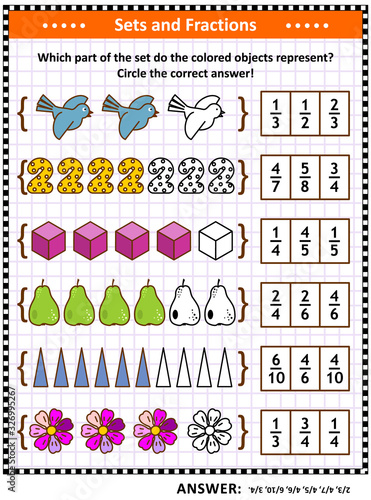 Math puzzle or worksheet for schoolchildren and adults with pictorial fraction representations by sets. Answer included.