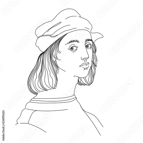 self portrait of a young Italian Renaissance artist & architect Raphael Santi in a cap, for a logo, vector illustration with black contour lines isolated on white background in hand drawn style