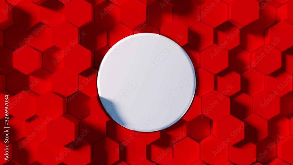 Abstract 3D animation with red hexagons on background with copy space white circle in center. Top view seamless loop footage. Abstract 3D animation with red hexagons on background with copy space white circle in center. Top view seamless loop footage.