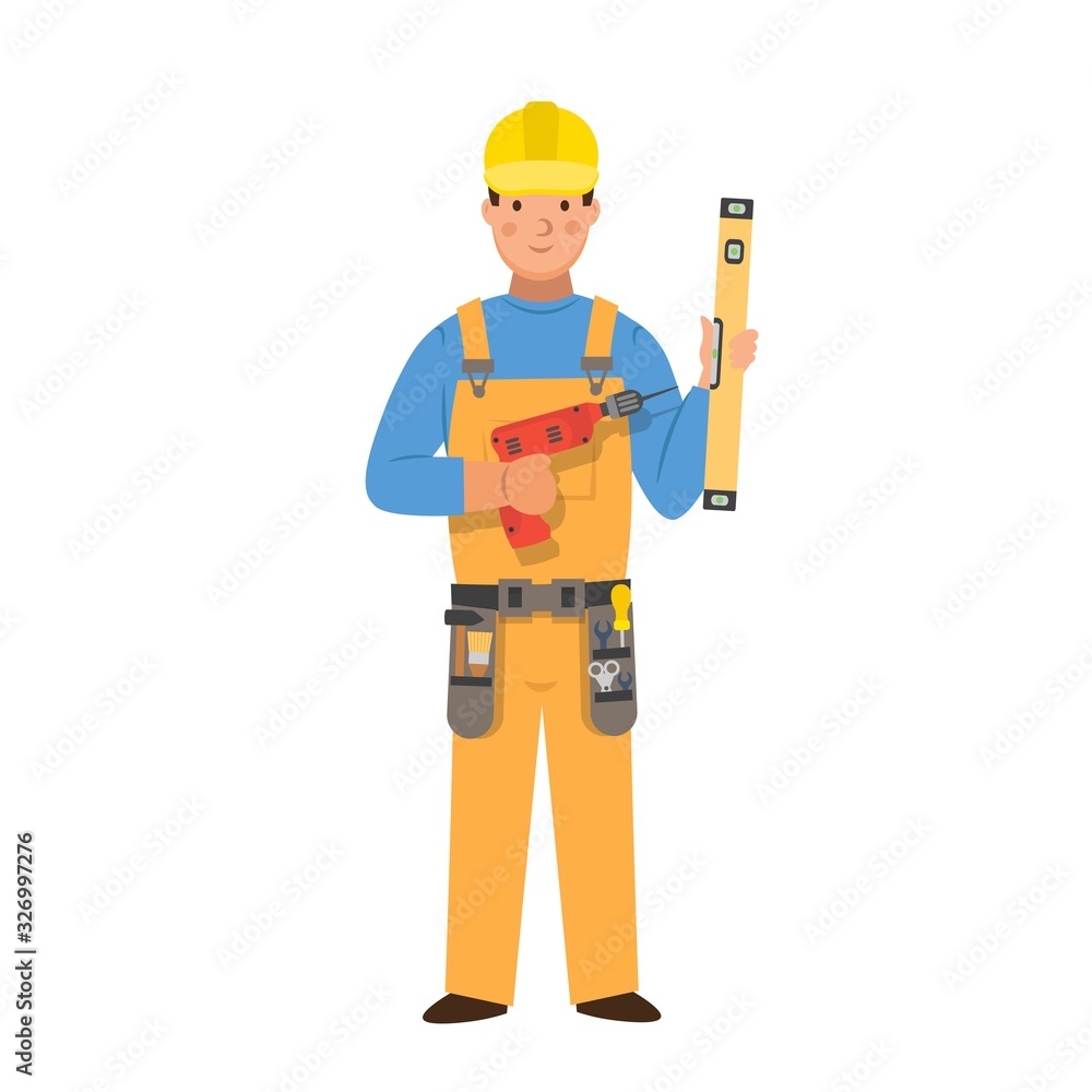 Cartoon carpenter with a drill and a ruler, character for children. Flat vector illustration Cartoon carpenter with a drill and a ruler, character for children. Flat vector illustration