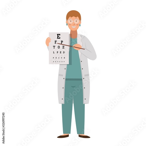 Cartoon eye doctor with eye test , character for children. Flat vector illustration