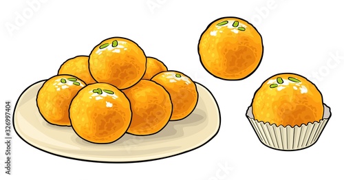 Indian traditional sweets Ladoo in plate. Vector flat illustration